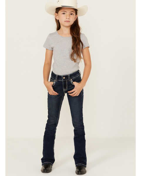 Shyanne Little Girls' Southwestern Floral Border Pocket Stretch Bootcut Denim Jeans , Blue, hi-res
