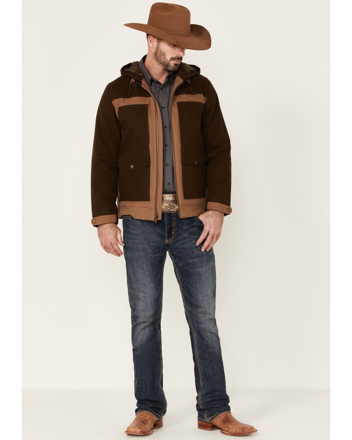 Brown Highlander Hooded Wool Zip-Front 