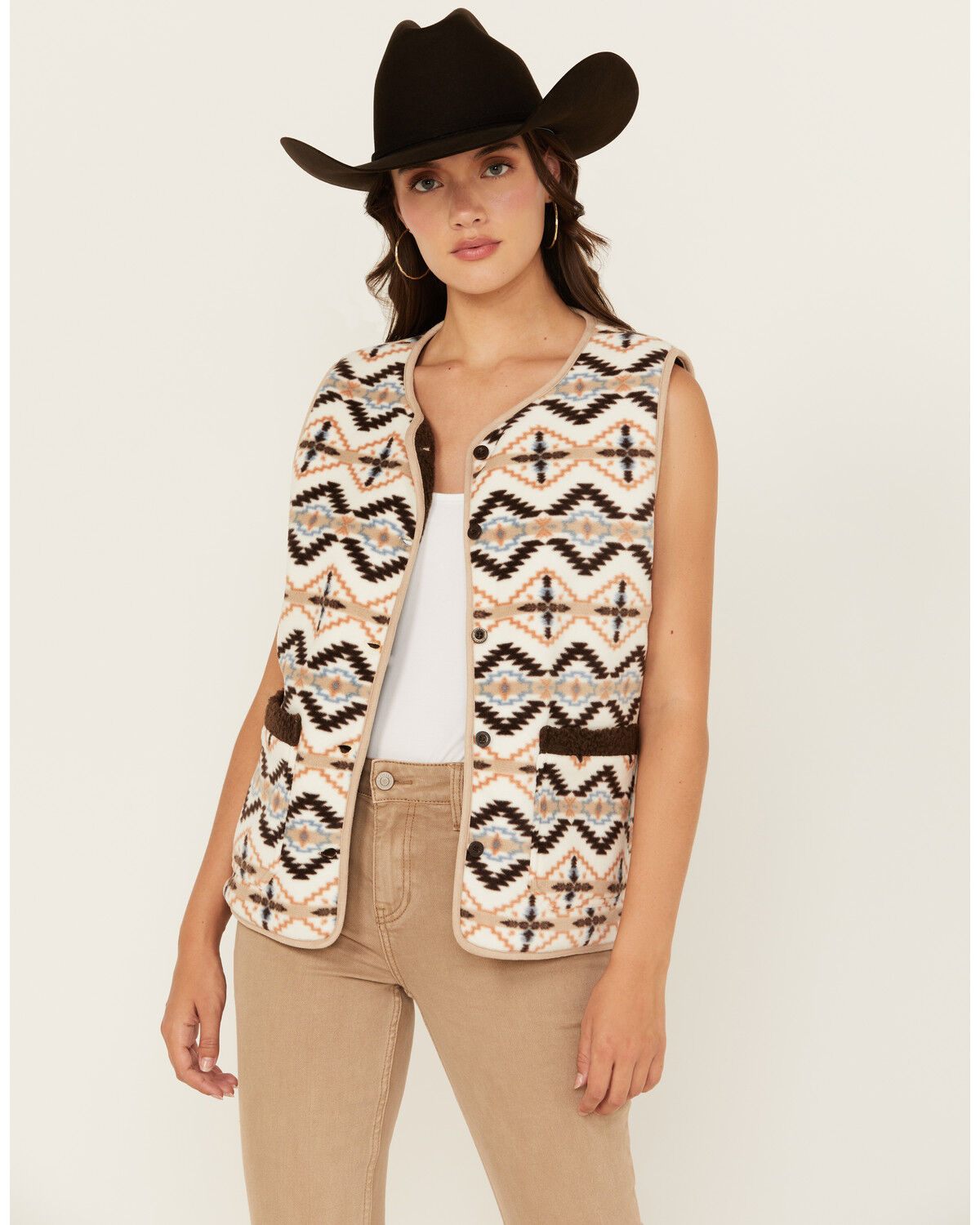 Image #1 - Outback Trading Co Women's Southwestern Reversible Vest, Brown, hi-res