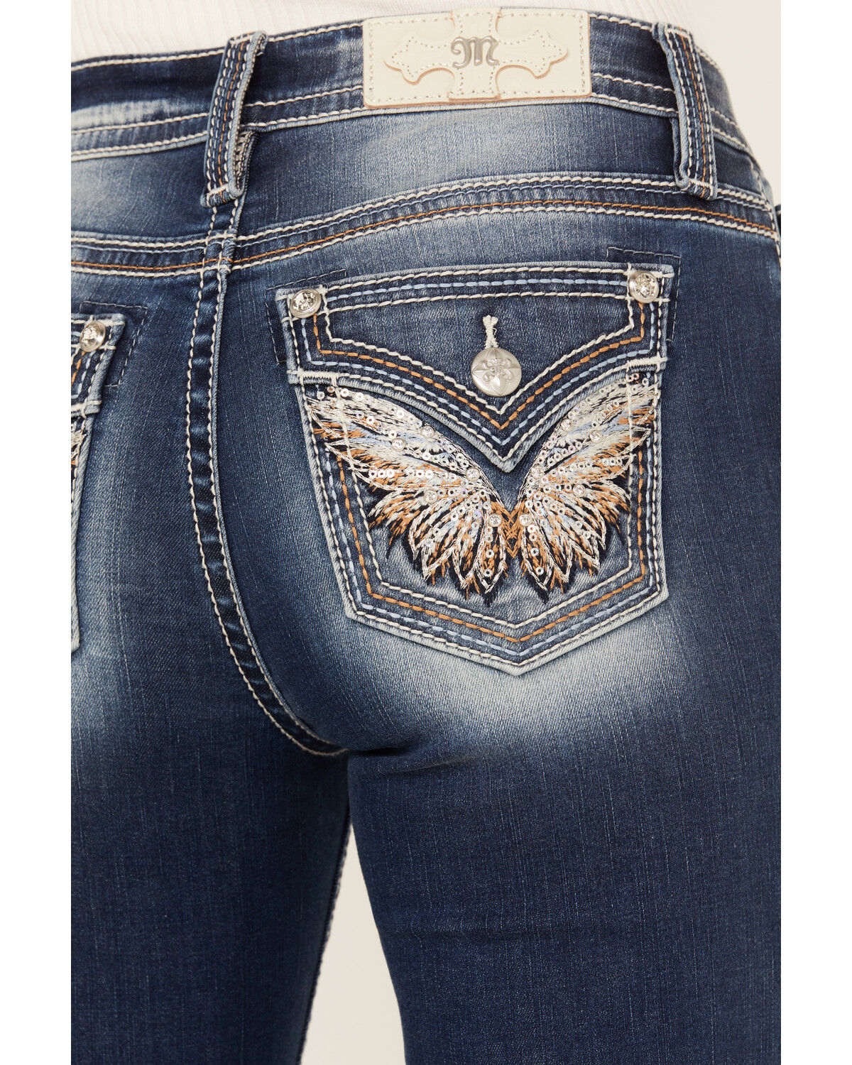 Image #2 - Miss Me Women's Medium Wash Mid Rise Saddle Stitch Angle Wing Bootcut Jeans, Medium Wash, hi-res