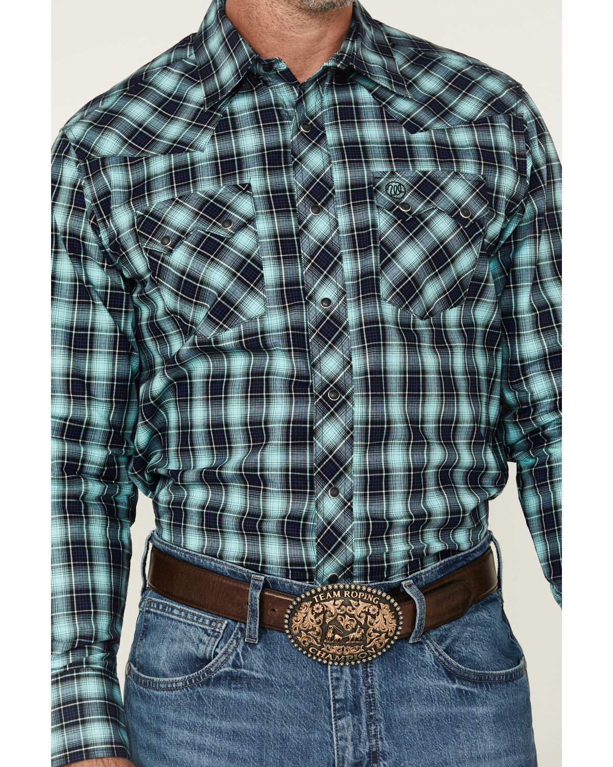 Image #3 - Wrangler Retro Men's Plaid Print Long Sleeve Snap Western Shirt, Turquoise, hi-res