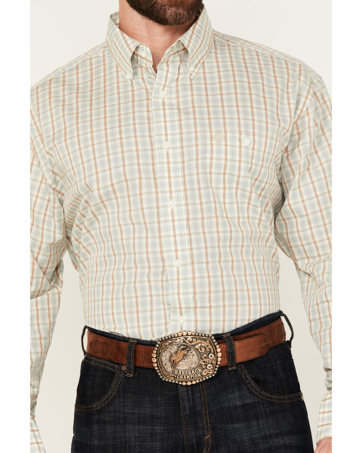 Image #3 - Wrangler Men's Plaid Print Long Sleeve Button-Down Stretch Western Shirt, Tan, hi-res