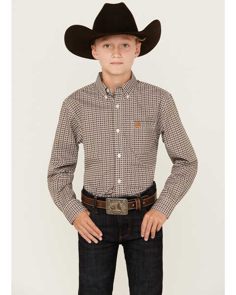 Image #1 - Cinch Boys' Geo Print Long Sleeve Button Down Western Shirt, White, hi-res