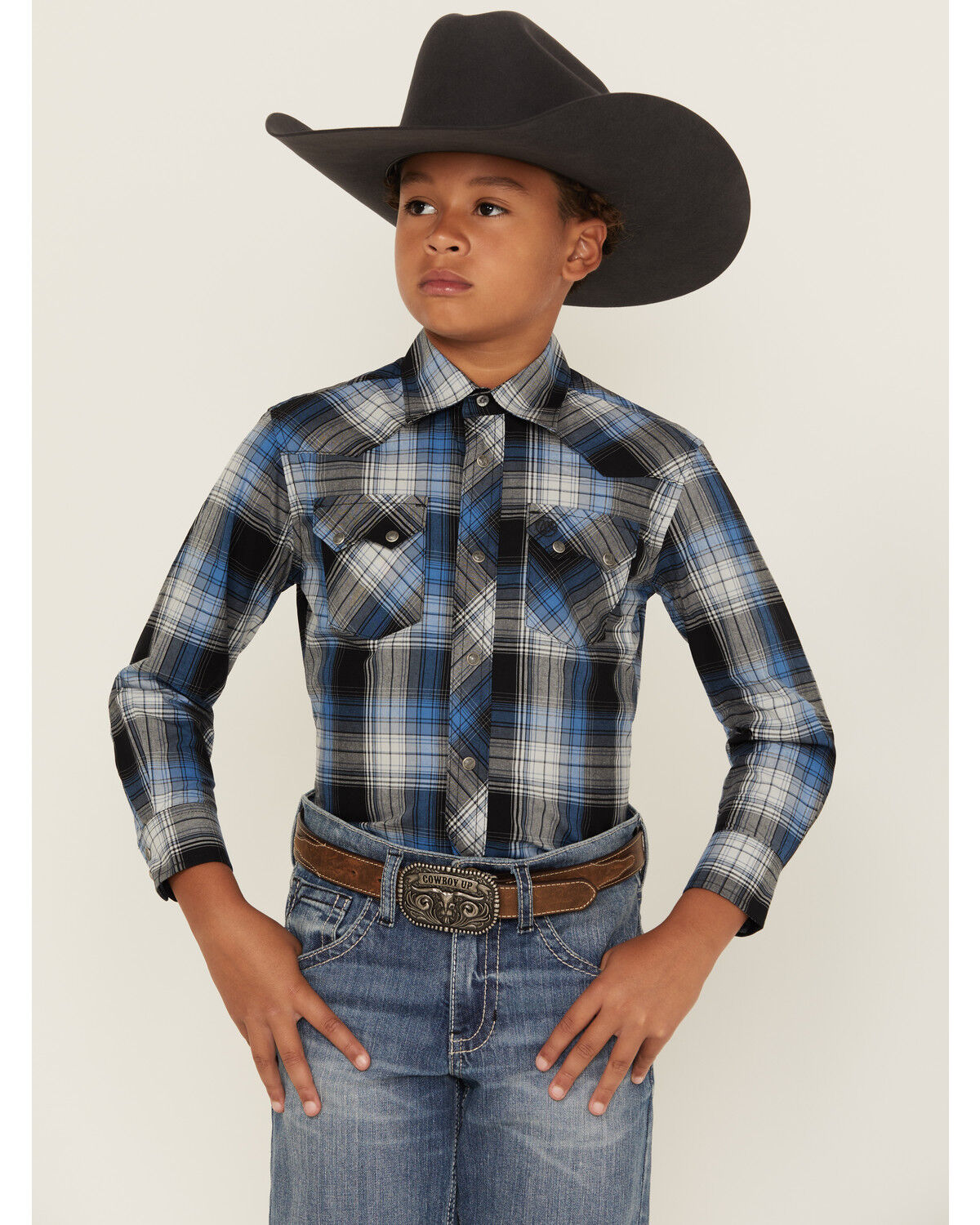Image #1 - Wrangler Retro Boys' Plaid Print Long Sleeve Snap Western Shirt, Black, hi-res