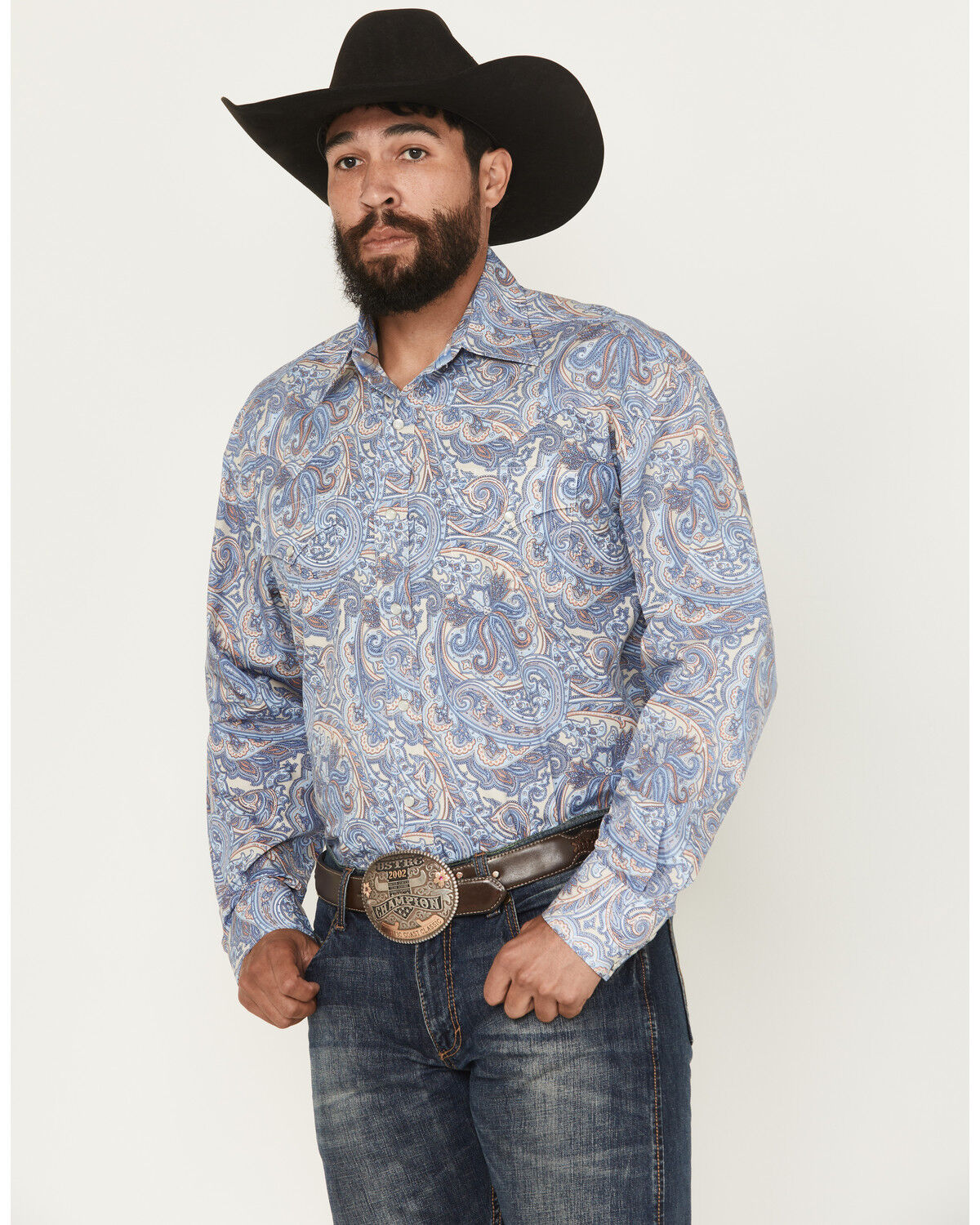 Image #1 - Stetson Men's Paisley Print Long Sleeve Snap Western Shirt, Blue, hi-res