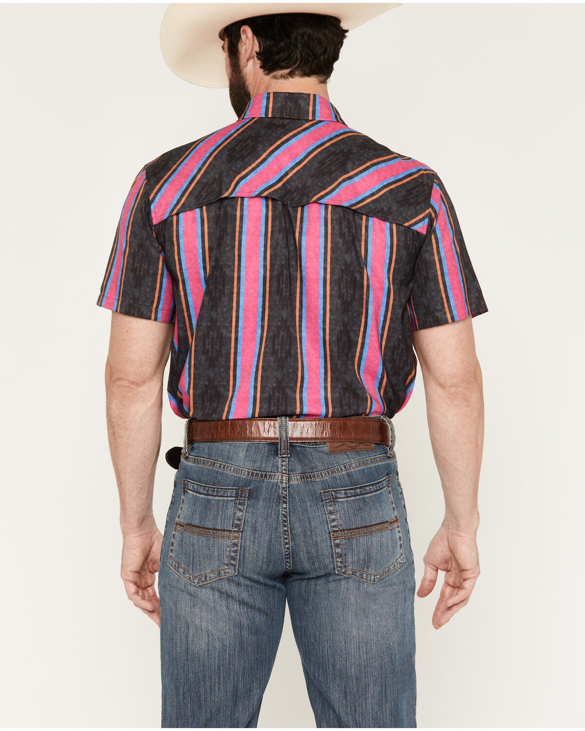 Image #4 - Rock & Roll Denim Men's TEK Southwestern Striped Short Sleeve Button-Down Stretch Western Shirt, Hot Pink, hi-res