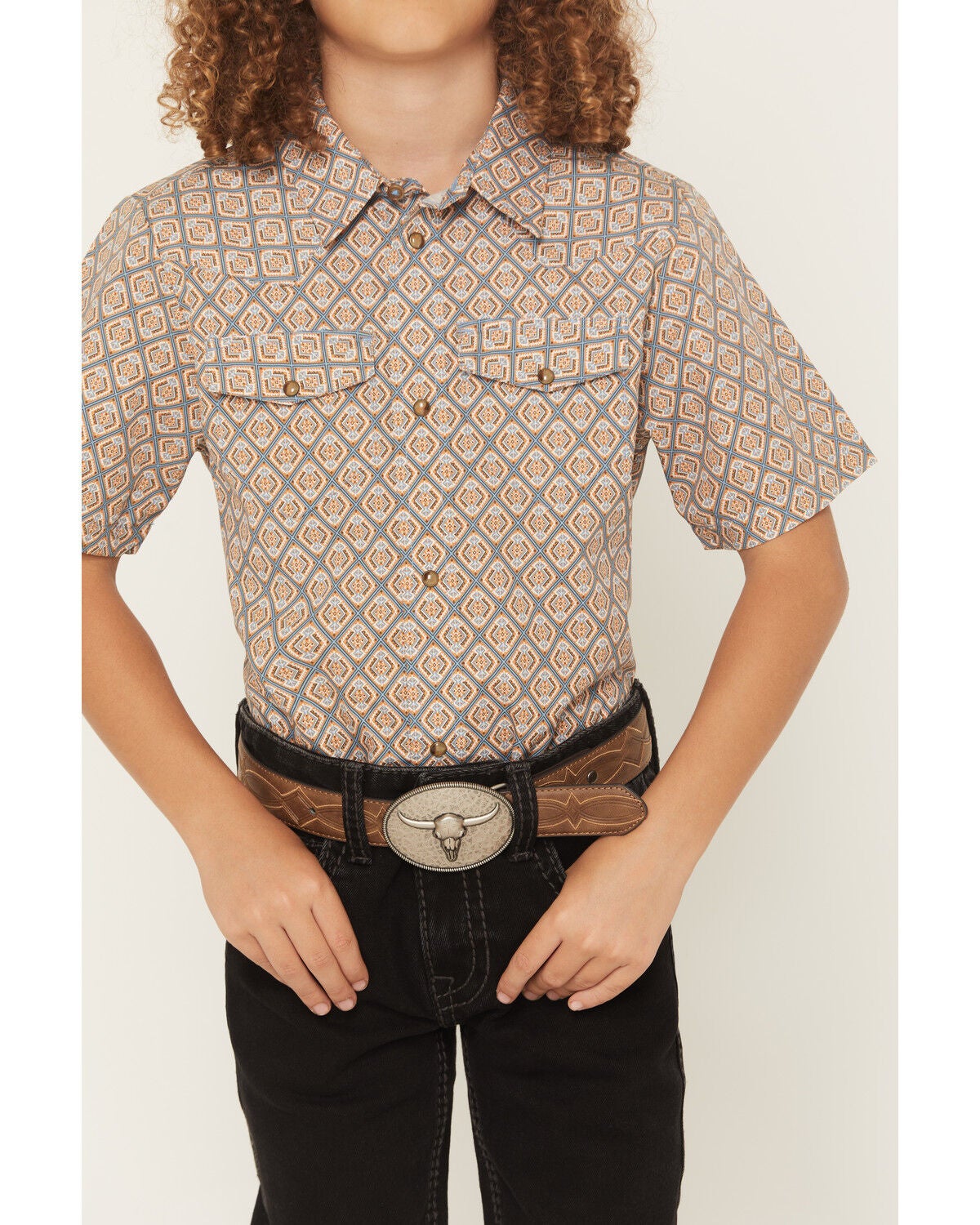Image #3 - Gibson Trading Co Boys' Floyd Geo Print Short Sleeve Snap Western Shirt, Blue, hi-res