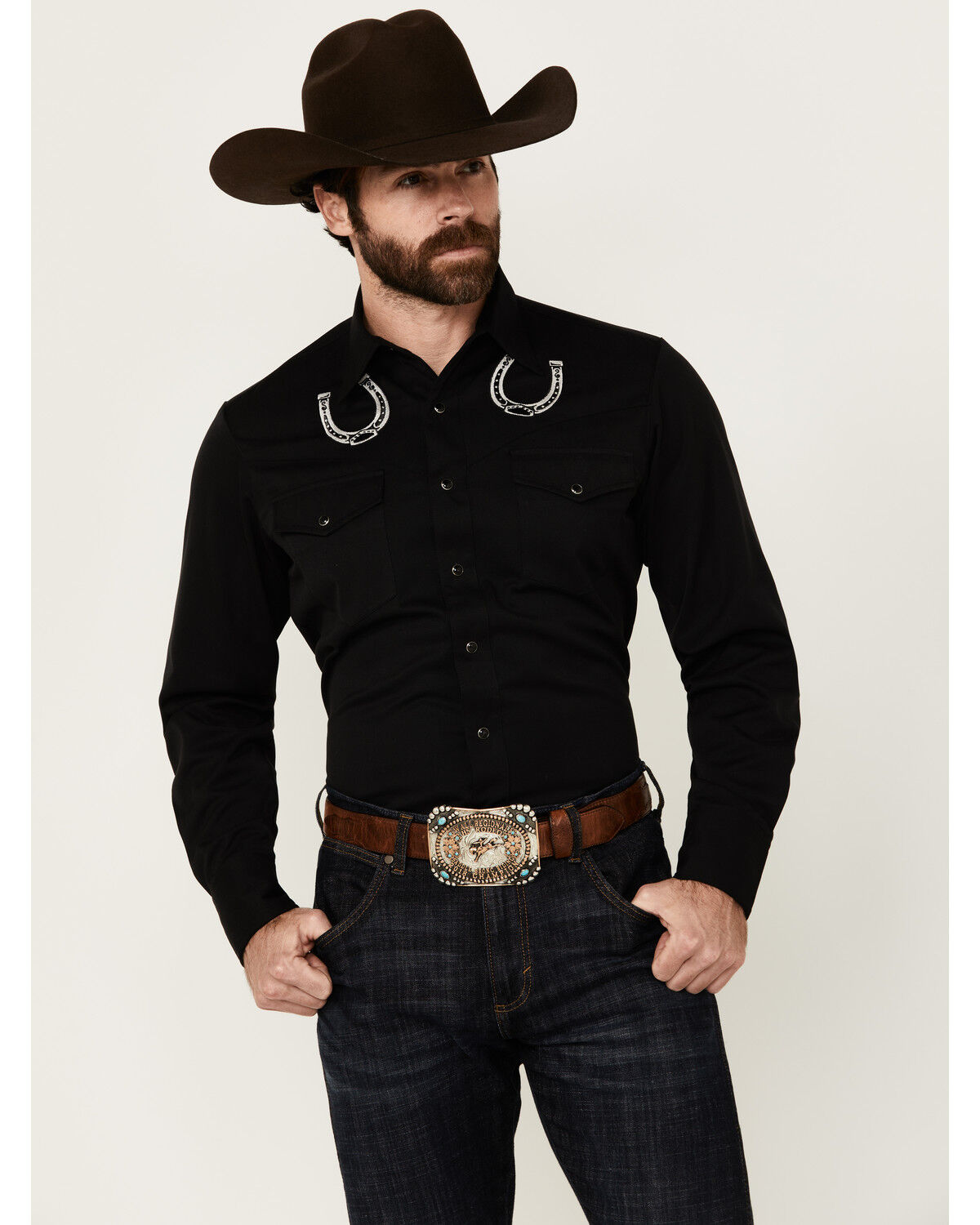 Image #1 - Roper Men's Old West Horseshoe Embroidered Long Sleeve Snap Western Shirt, Black, hi-res