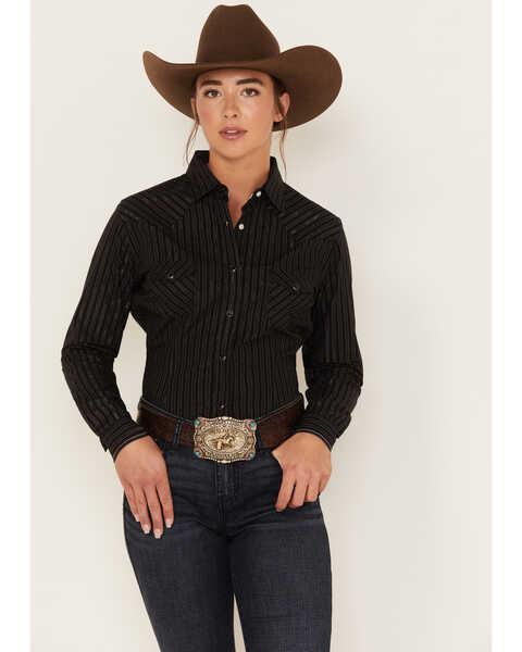 Rough Stock by Panhandle Women's Lurex Stripe Long Sleeve Snap Western Shirt, Black, hi-res