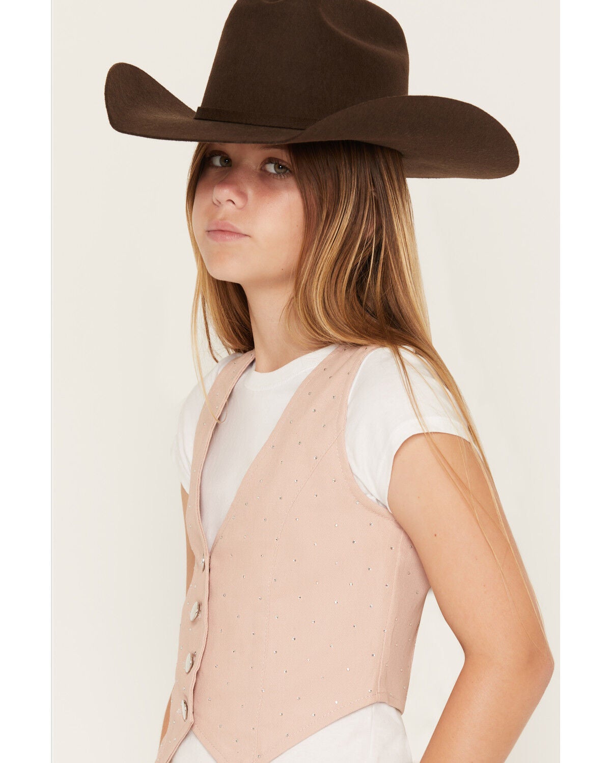 Image #2 - Ashley Girls' Embellished Denim Vest, Pink, hi-res
