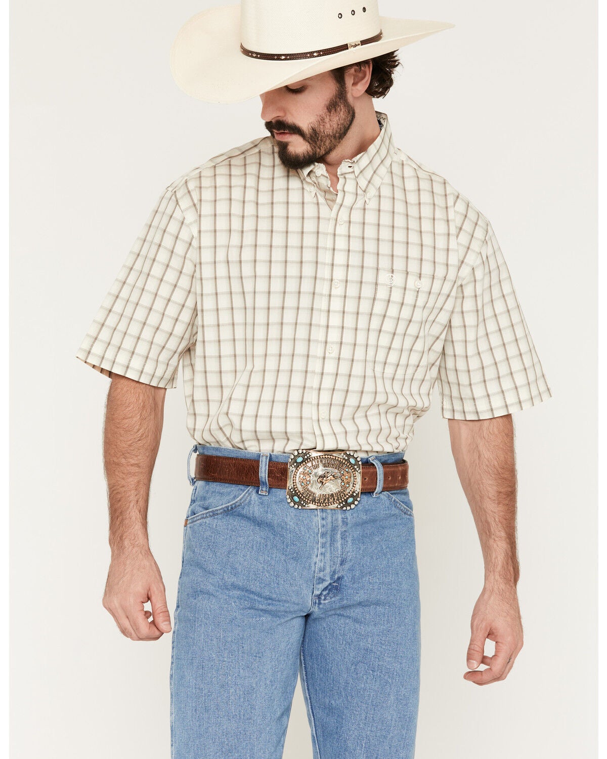 George Strait by Wrangler Men's Plaid Print Short Sleeve Button-Down Stretch Western Shirt, White, hi-res