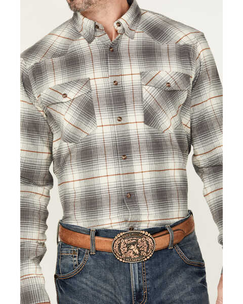 Image #2 - Dakota Grizzly Men's Dutton Plaid Print Long Sleeve Stretch Snap Flannel Shirt, Grey, hi-res