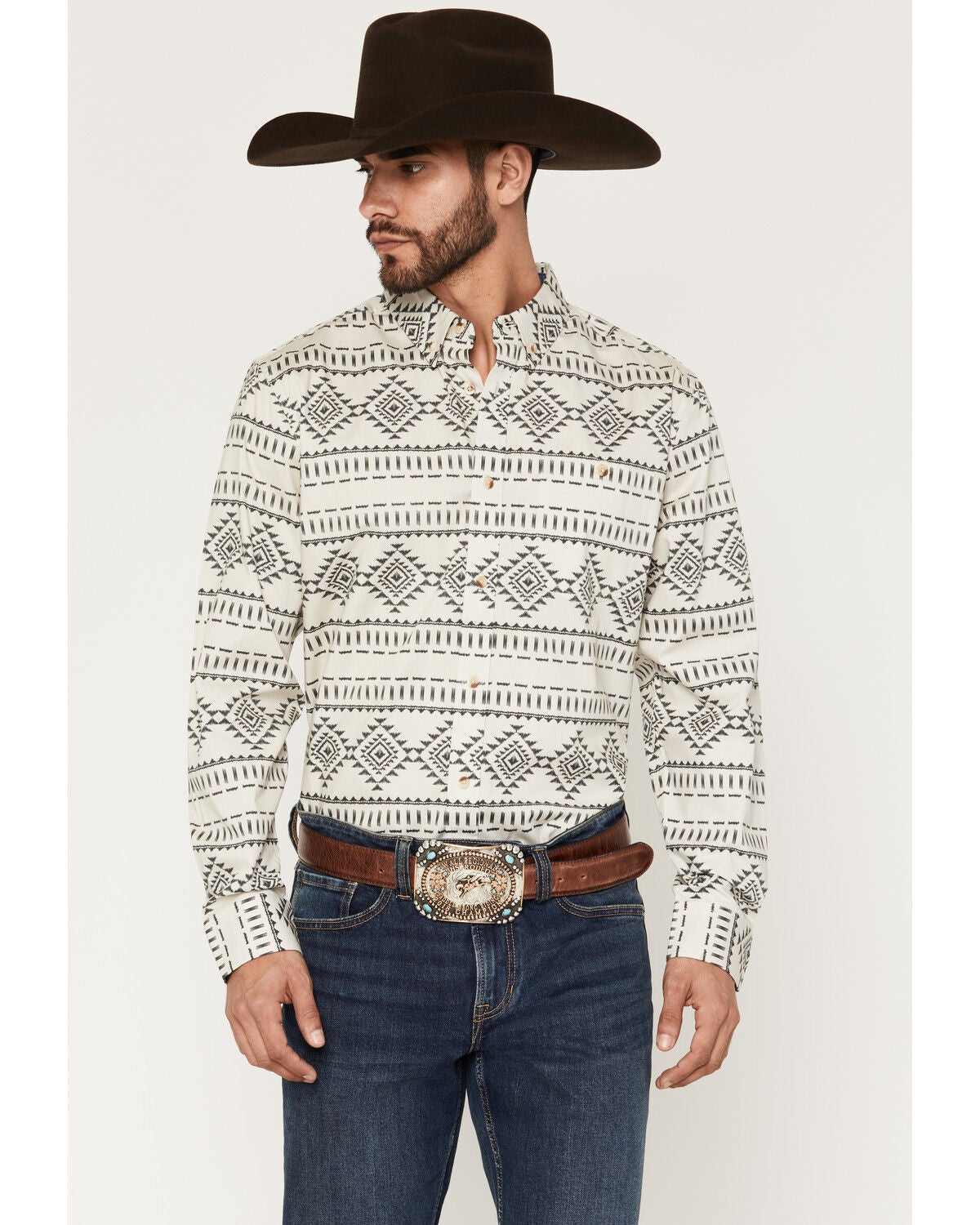RANK 45&reg; Men's Desert Heat Southwestern Print Long Sleeve Snap Stretch Western Shirt, Ivory, hi-res