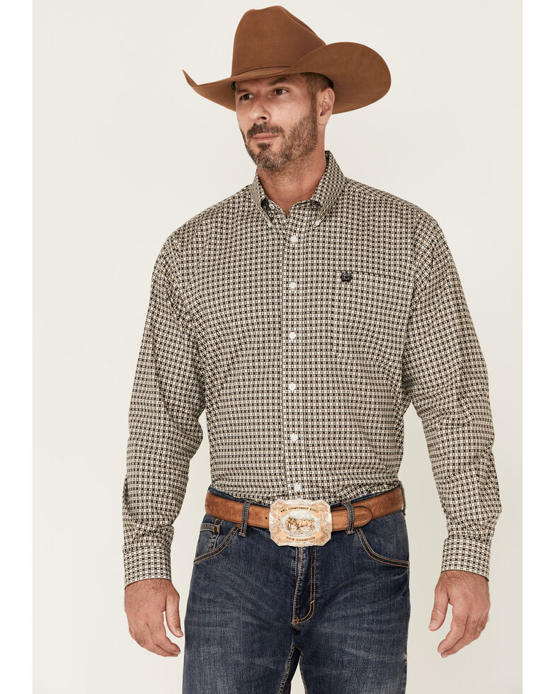 Cinch Men's Khaki Southwestern Geo Print Long Sleeve Button-Down Western Shirt , Beige/khaki, hi-res