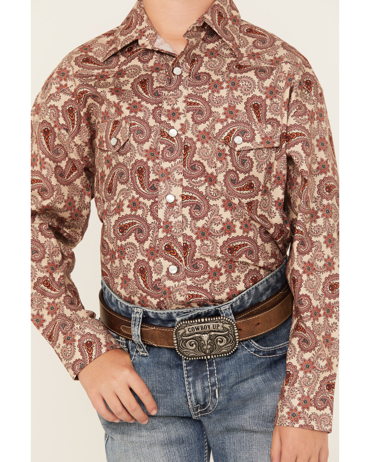 Image #3 - Rock & Roll Denim Boys' Paisley Print Long Sleeve Pearl Snap Stretch Western Shirt, Rust Copper, hi-res