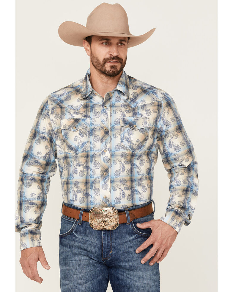 Wrangler Retro Premium Men's Over Plaid Print Long Sleeve Snap Western Shirt , Tan, hi-res
