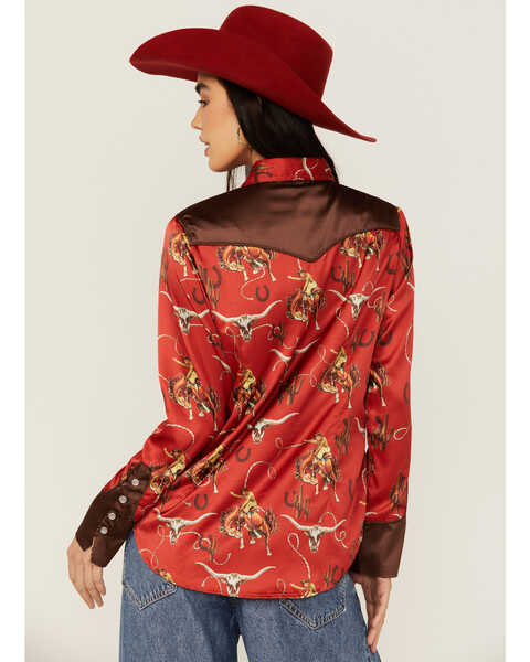 Image #4 - Rodeo Quincy Women's Horse Print Long Sleeve Pearl Snap Western Shirt , Red, hi-res