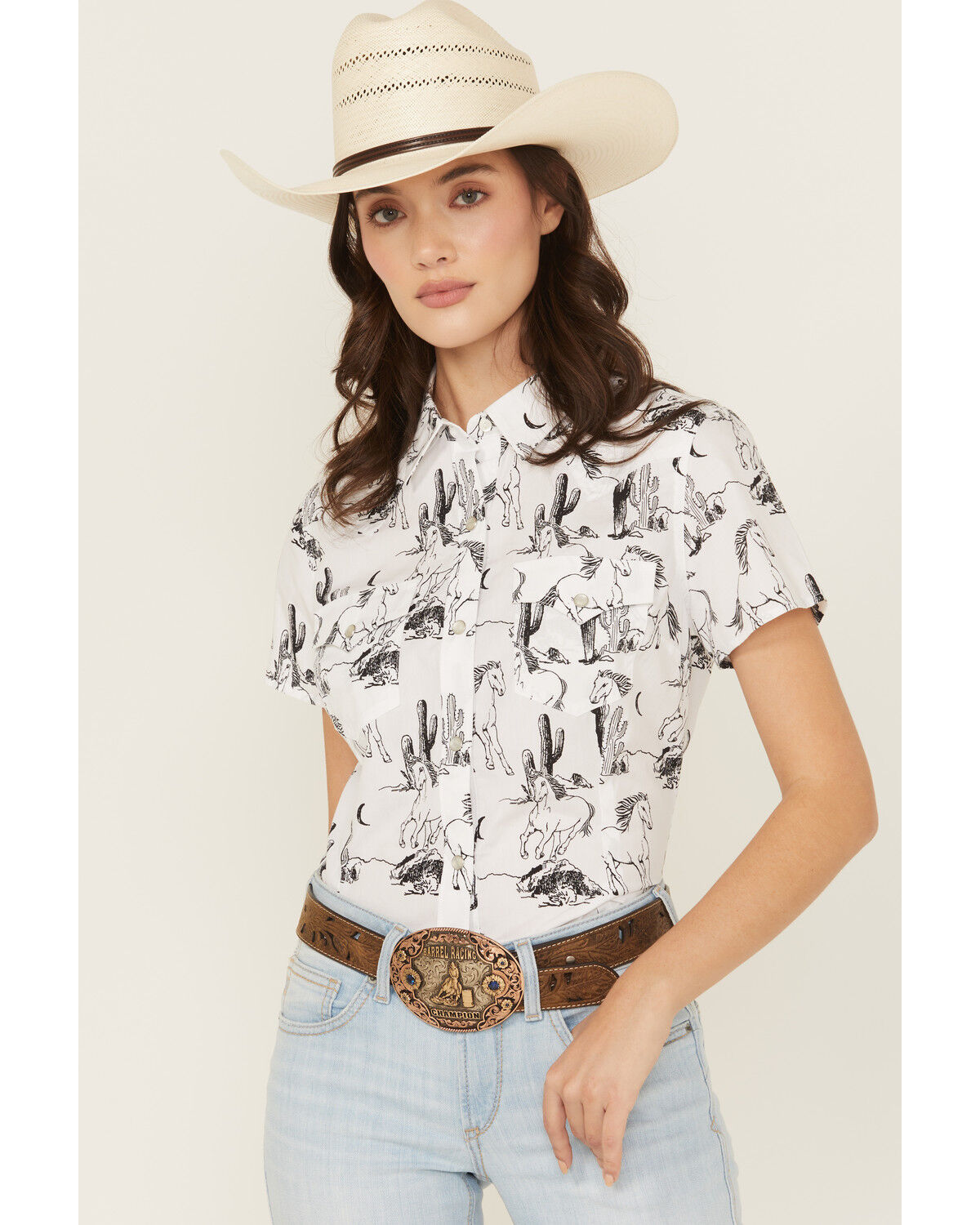 Image #2 - Wrangler Retro Women's Boot Barn Exclusive Horse Print Short Sleeve Snap Western Shirt, Black/white, hi-res