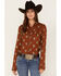 Image #1 - Roper Women's Steer Head Skull Print Long Sleeve Pearl Snap Western Shirt, Brown, hi-res