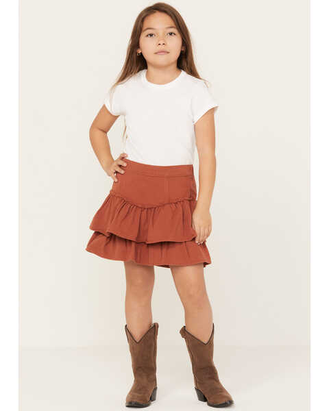 Image #1 - Hayden Girls' Ruffle Tiered Denim Skirt, Orange, hi-res
