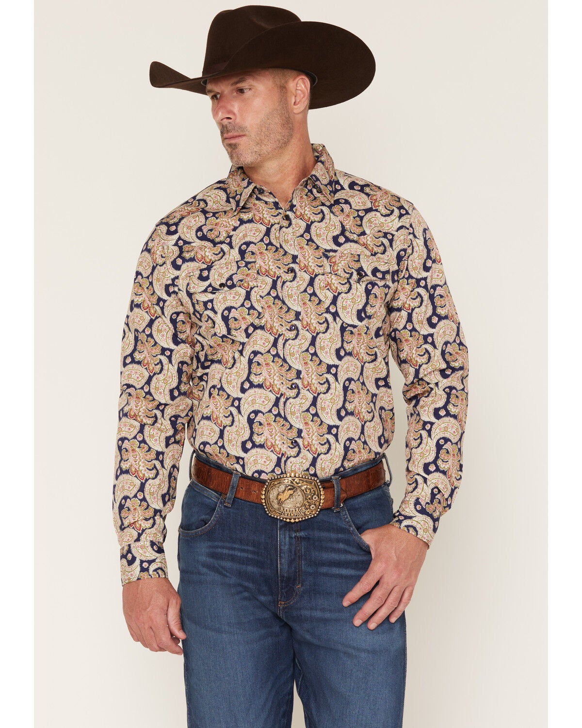 Image #1 - Gibson Trading Co Men's Take Me Back Paisley Print Long Sleeve Snap Western Shirt, Navy, hi-res