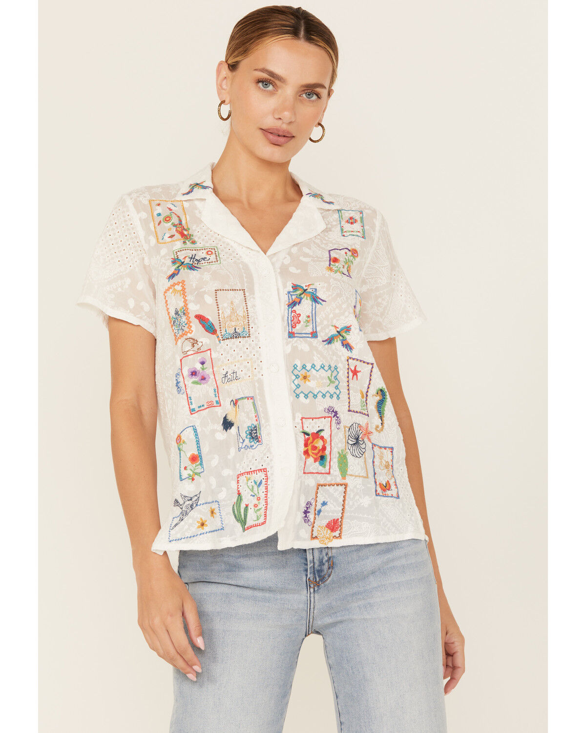 Image #1 - Johnny Was Women's Cooper Embroidered Short Sleeve Button-Down Blouse, White, hi-res