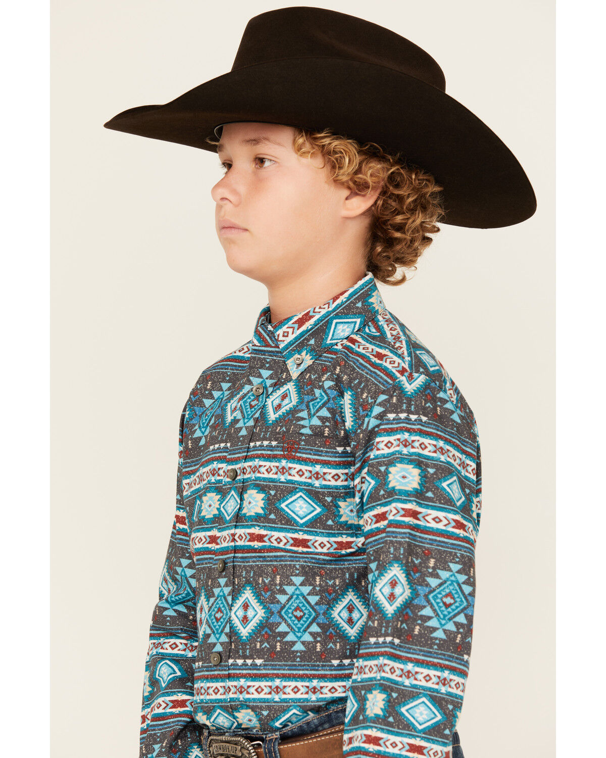 Image #2 - Ariat Boys' Classic Southwestern Striped Long Sleeve Button-Down Western Shirt, Teal, hi-res