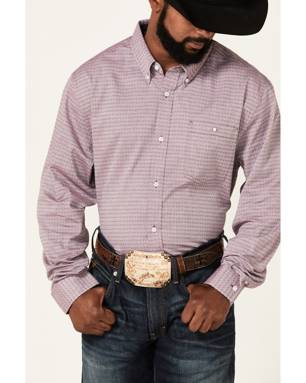Image #3 - RANK 45® Men's Producer Jacquard Print Long Sleeve Button-Down Western Shirt, Purple, hi-res