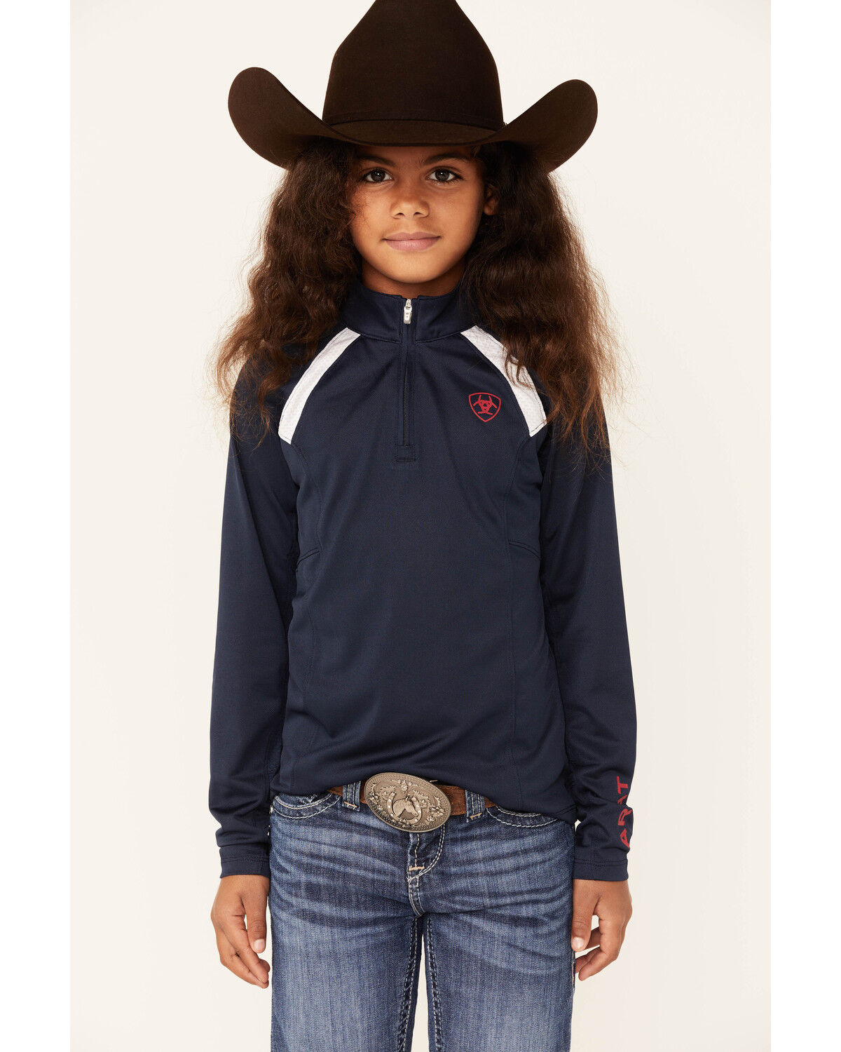 Image #1 - Ariat Girls' Team Solid Sunstopper 2.0 1/4 Zip Baselayer, Navy, hi-res
