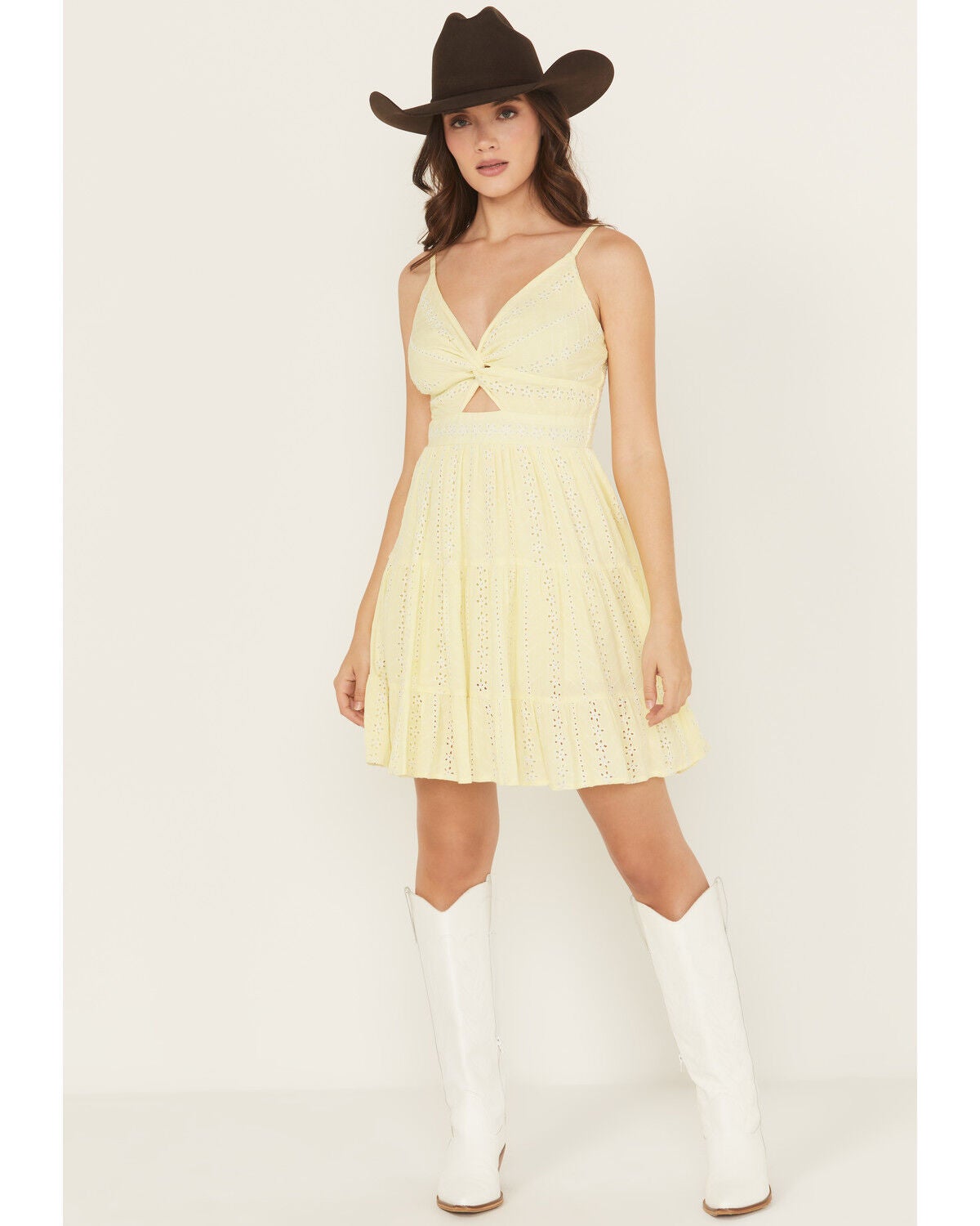 Angie Women's Eyelet Sleeveless Mini Dress, Yellow, hi-res