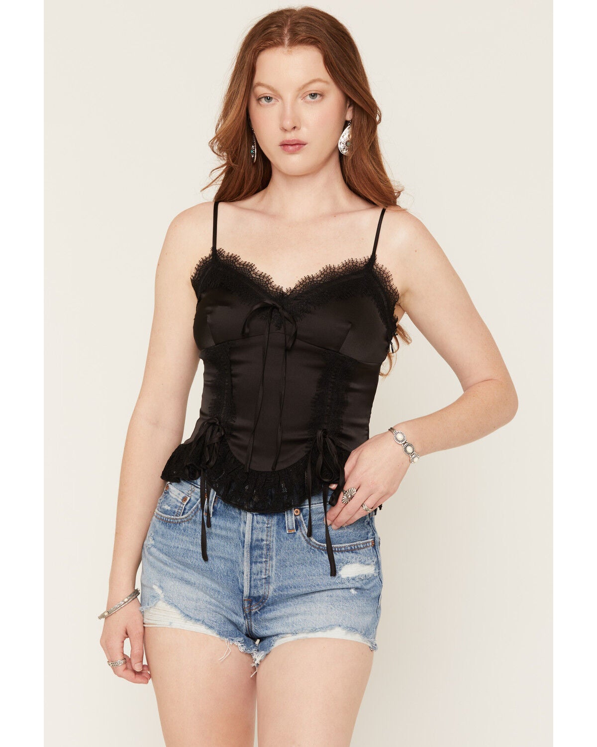 Miss Me Women's Lace Trim Bow Cami, Black, hi-res