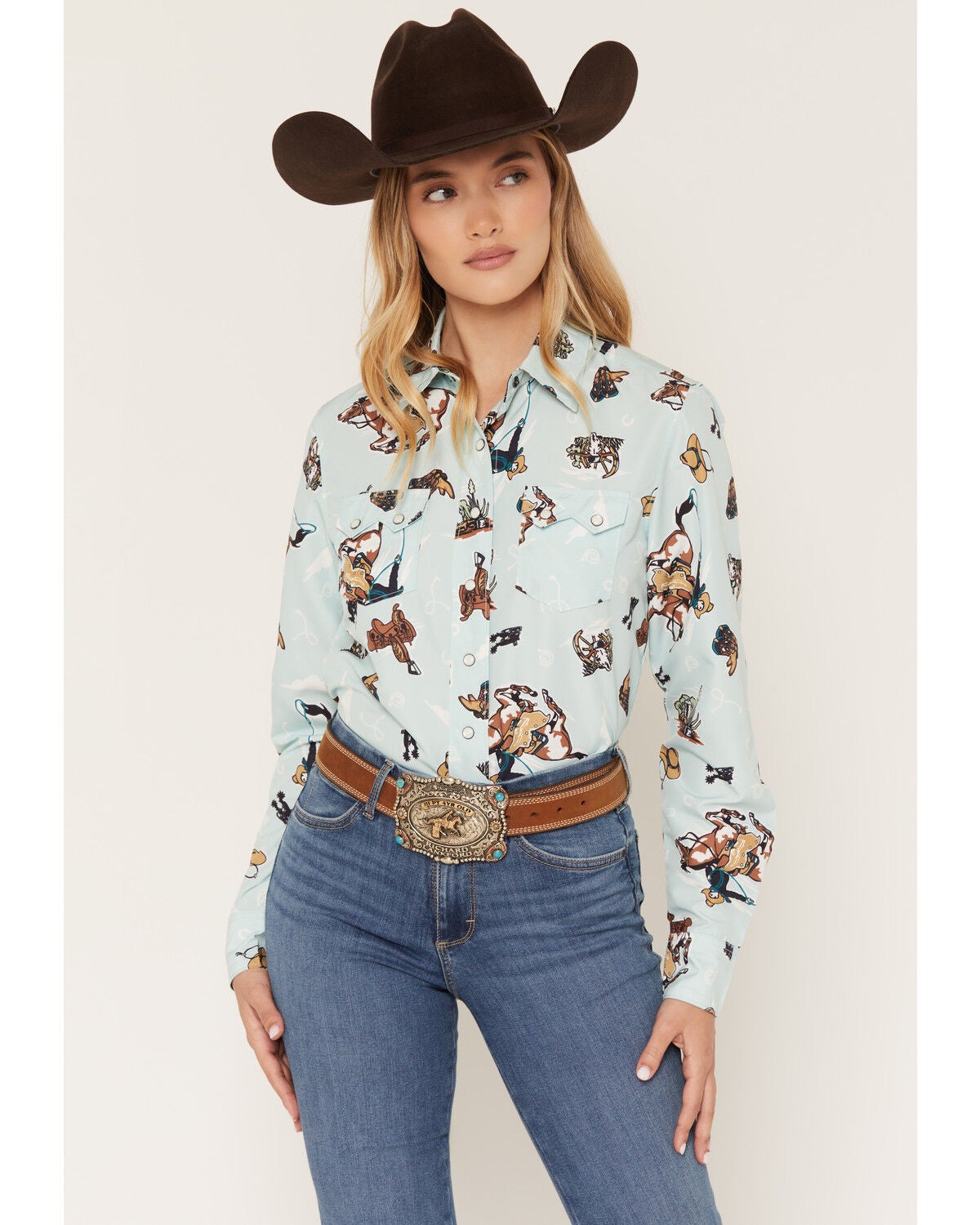 Image #1 - Cruel Girl Women's Horse Conversational Print Long Sleeve Snap Western Shirt, Light Blue, hi-res