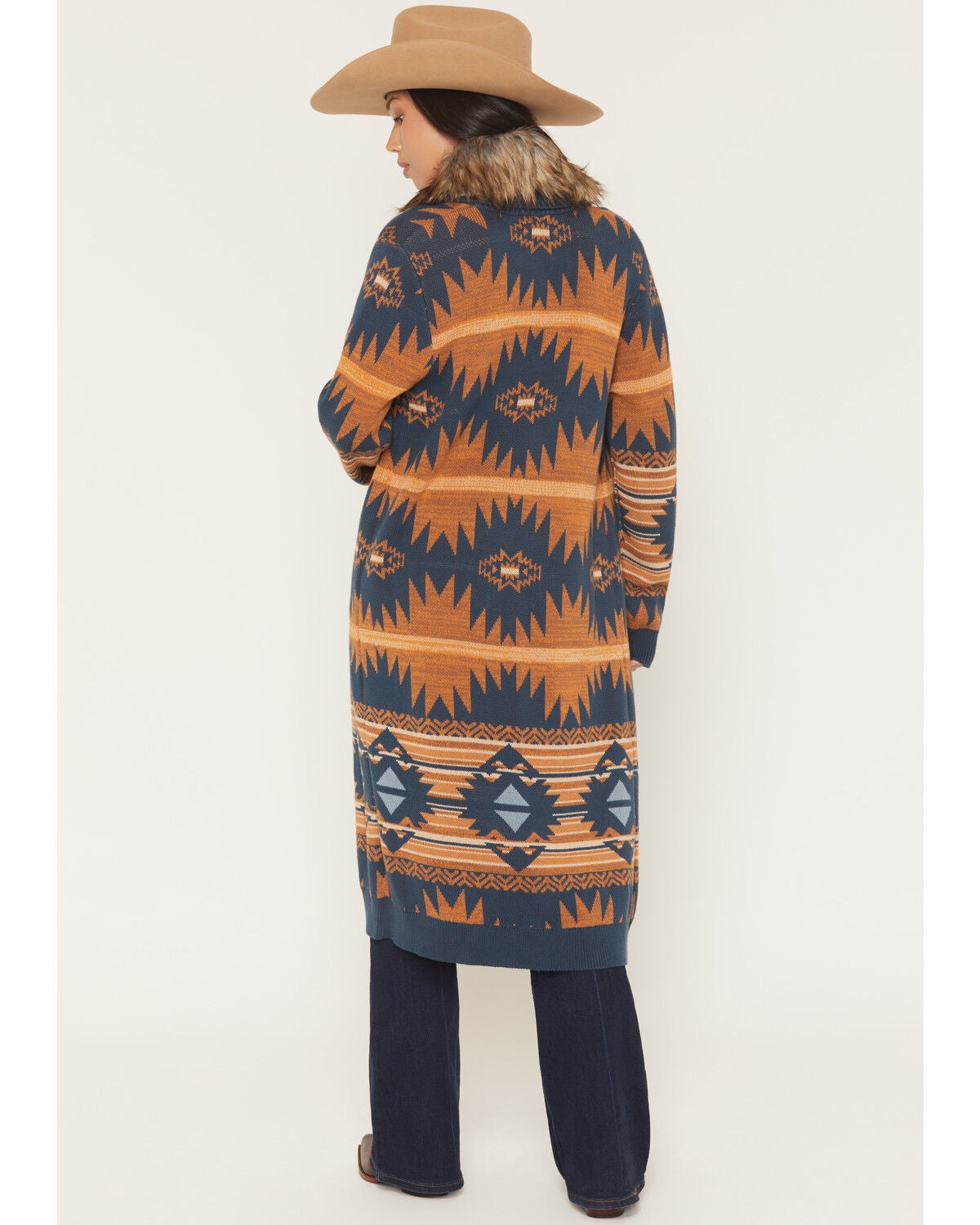 Image #4 - Panhandle Slim Women's Fur Southwestern Print Cardigan, Navy, hi-res