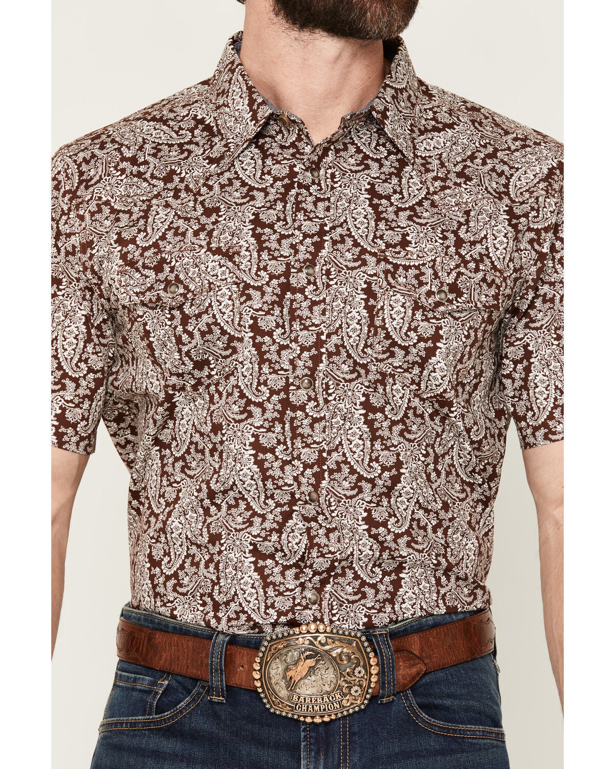 Image #3 - Cody James Men's Rusted Gate Paisley Print Short Sleeve Snap Western Shirt - Tall, Brown, hi-res