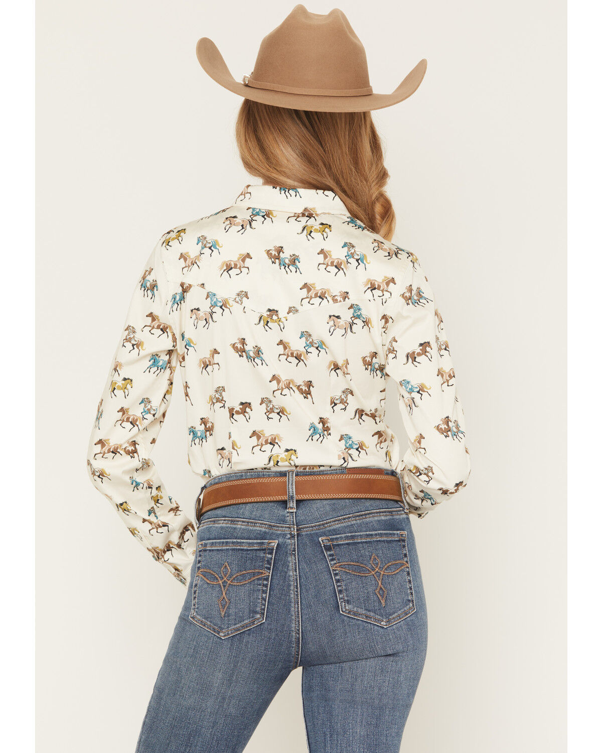 Image #4 - Shyanne Women's Horse Print Long Sleeve Snap Stretch Western Shirt, Cream, hi-res