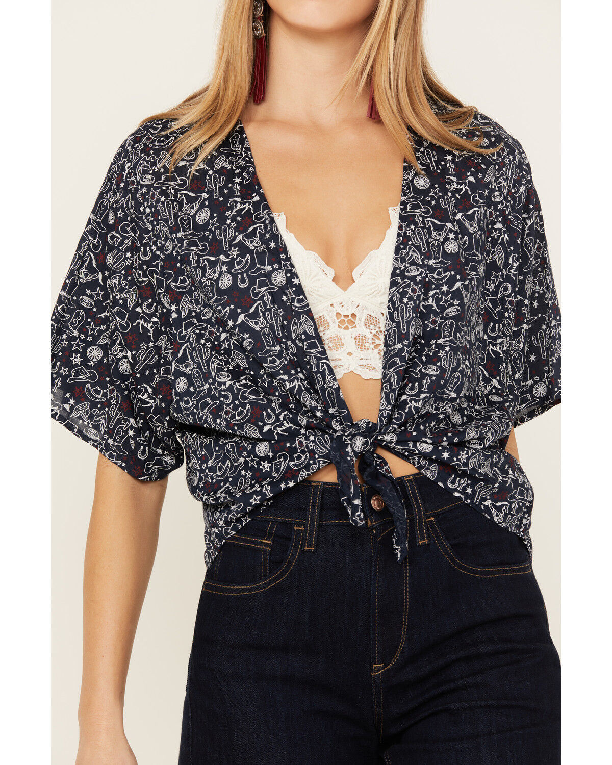 Image #3 - Ariat Women's Howdy Print Short Sleeve Tie Front Wrap, Navy, hi-res