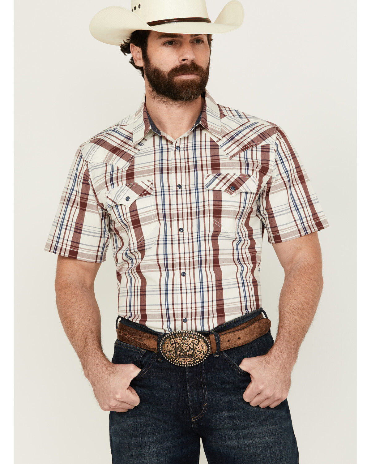 Image #1 - Cody James Men's Festive Plaid Print Short Sleeve Snap Western Shirt, Ivory, hi-res