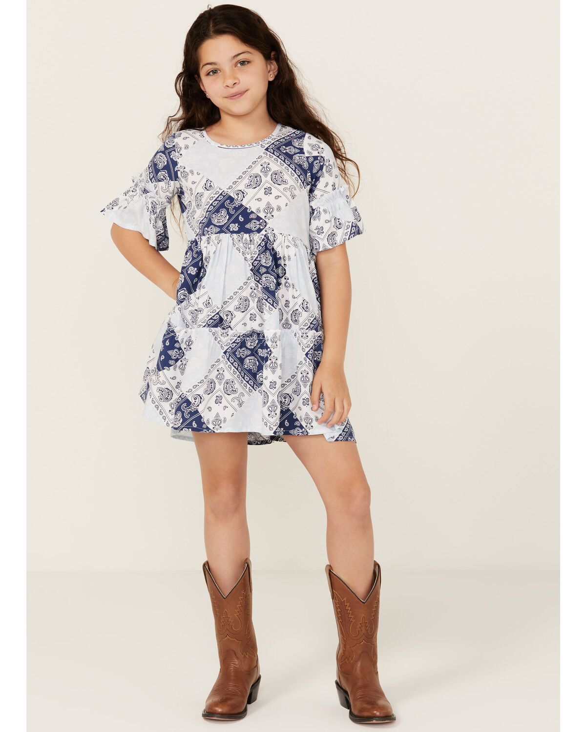 Image #1 - Wrangler Girls' Bandana Print Short Sleeve Mini Dress, Light Blue, hi-res