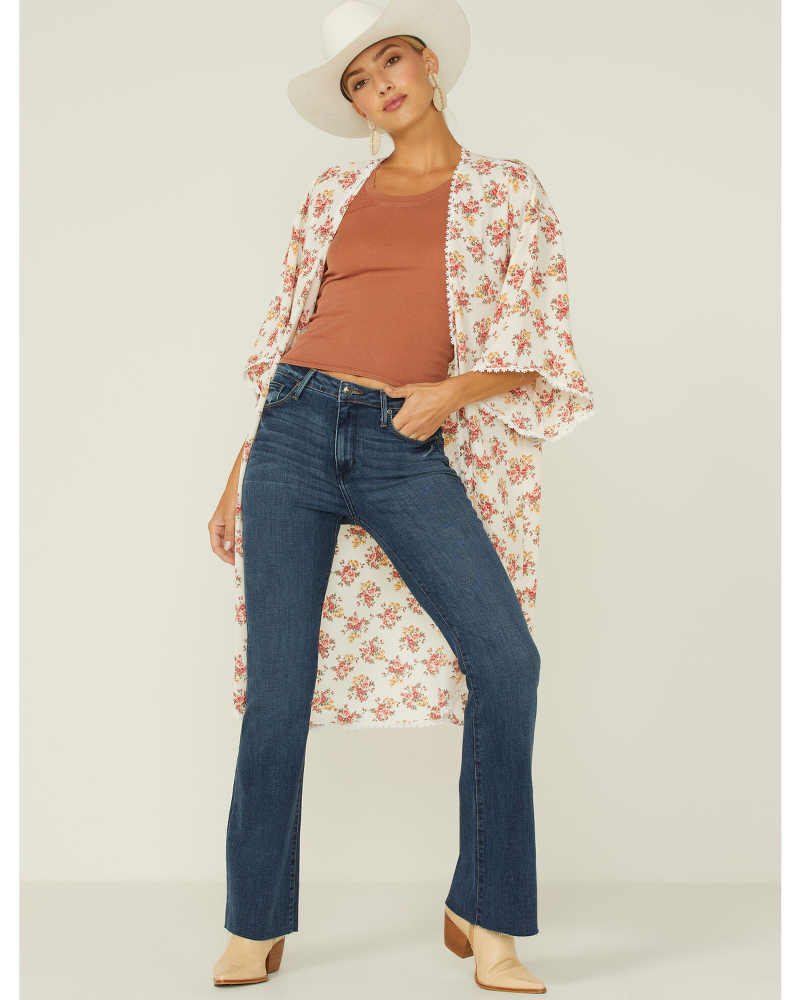 Image #1 - Wild Moss Women's Floral Chiffon Kimono, Ivory, hi-res