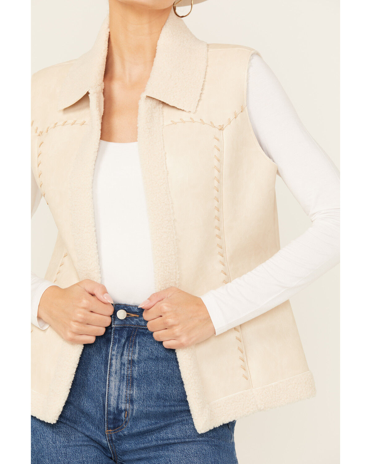 Image #4 - Cripple Creek Women's Shearling Faux Suede Vest, Cream, hi-res