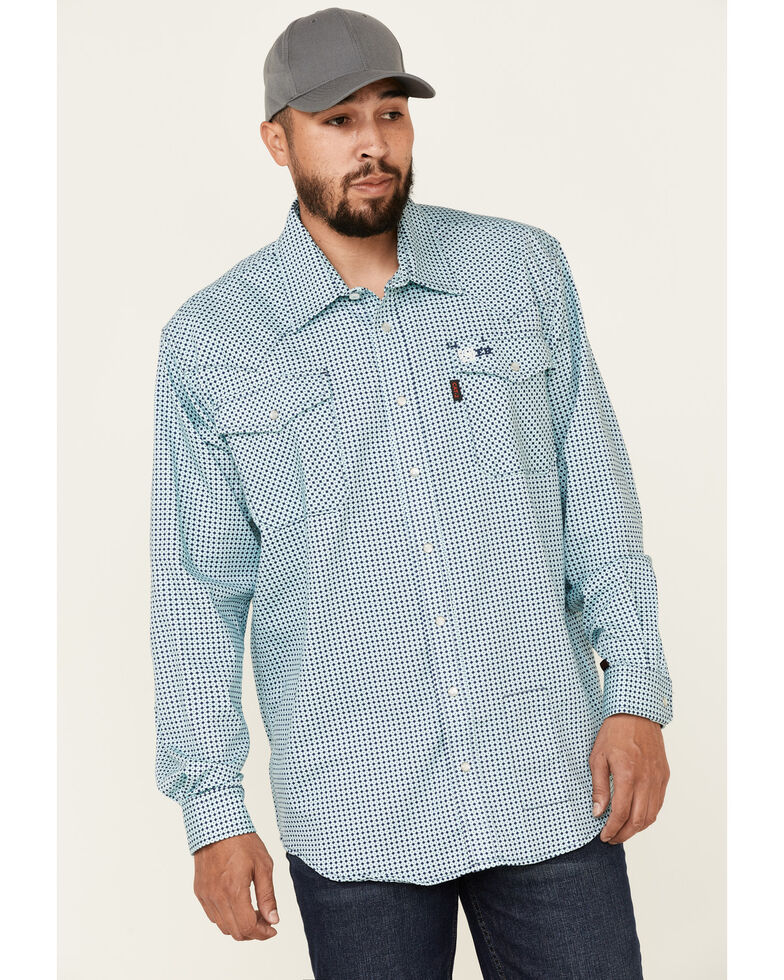 Cinch Men's FR Light Blue Geo Print Lightweight Long Sleeve Work Shirt ...