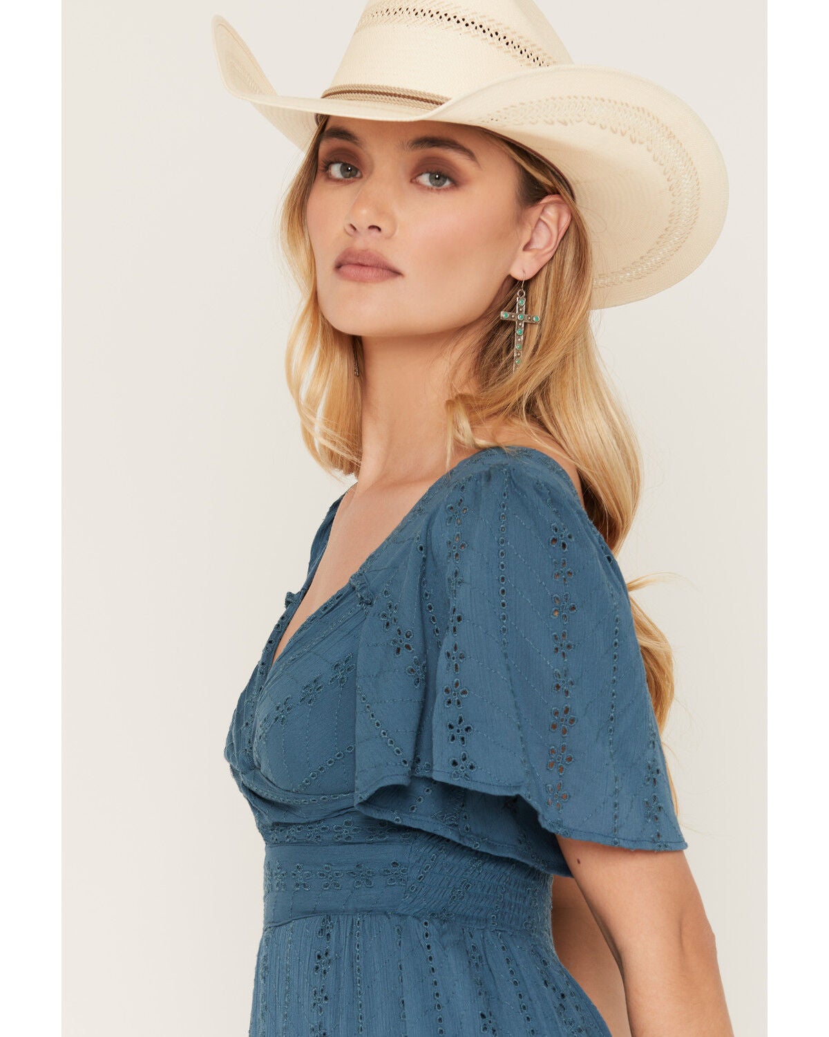 Image #2 - Angie Women's Eyelet Knot Front Short Sleeve Midi Dress, Teal, hi-res