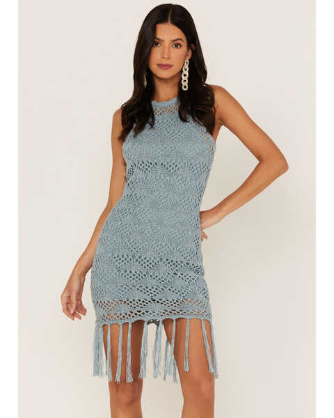 Image #3 - Shyanne Women's Yarn Crochet Fringe Trim Midi Dress, Light Blue, hi-res