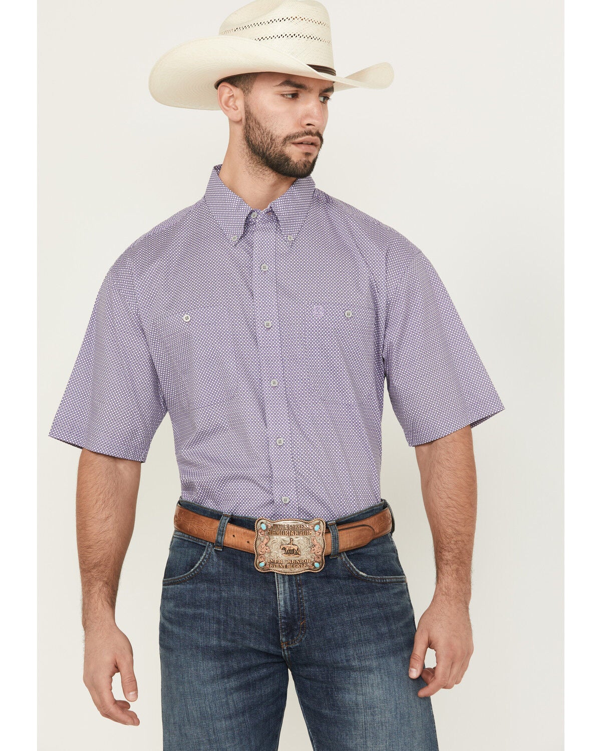 George Strait by Wrangler Men's Geo Print Short Sleeve Button-Down Stretch Western Shirt, Purple, hi-res
