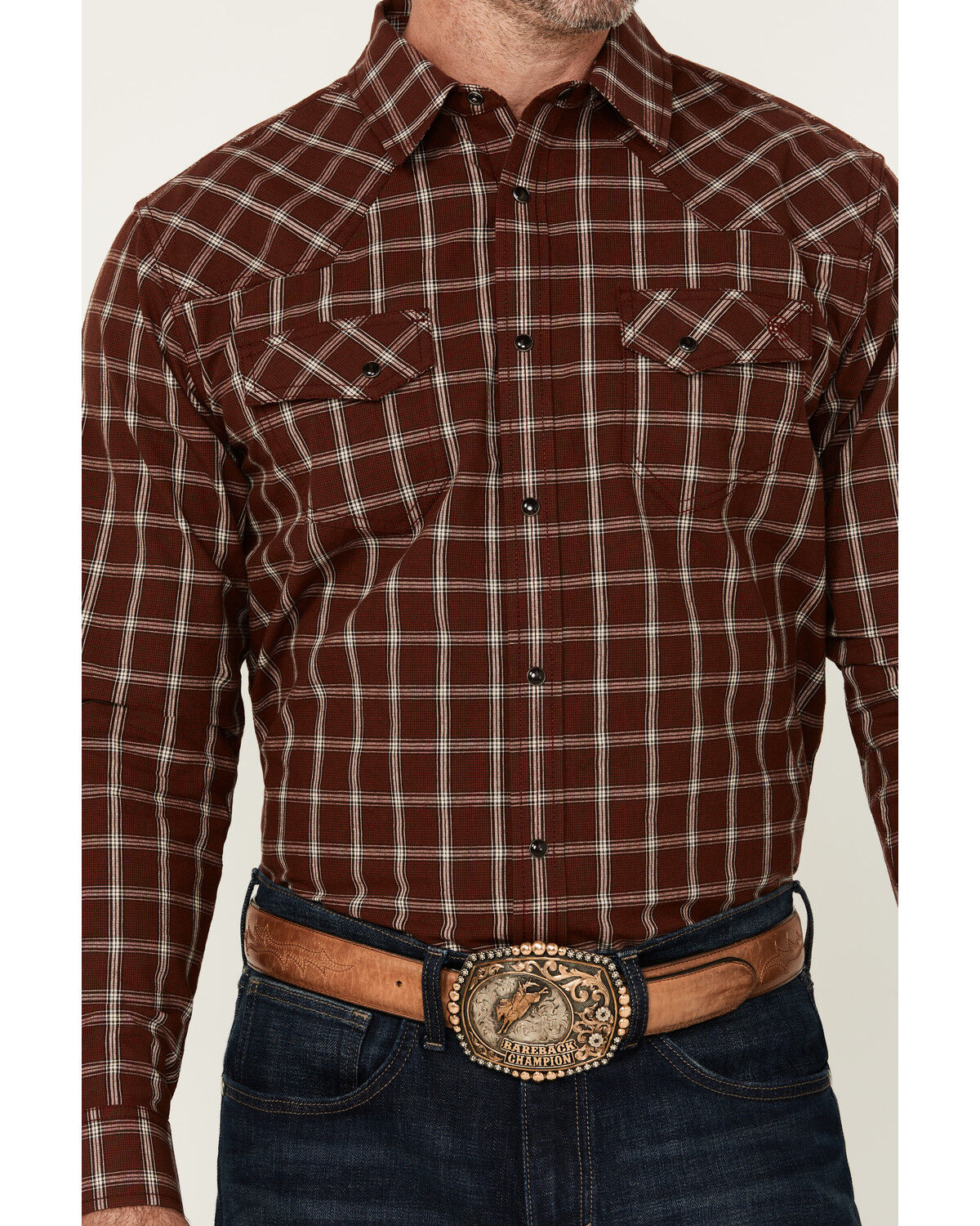 Image #3 - Blue Ranchwear Men's Elk Plaid Print Long Sleeve Snap Western Shirt, Dark Brown, hi-res