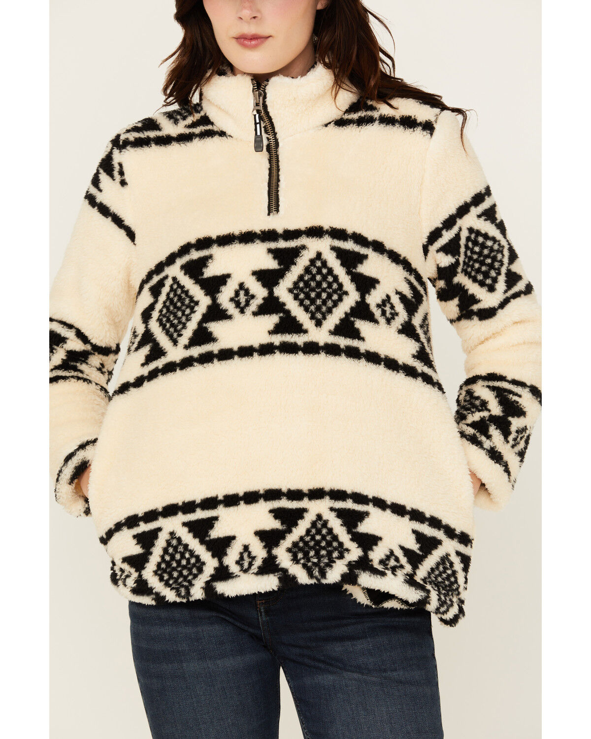 Image #3 - Roper Women's Southwestern Print Sherpa 1/4 Zip Pullover, Cream, hi-res