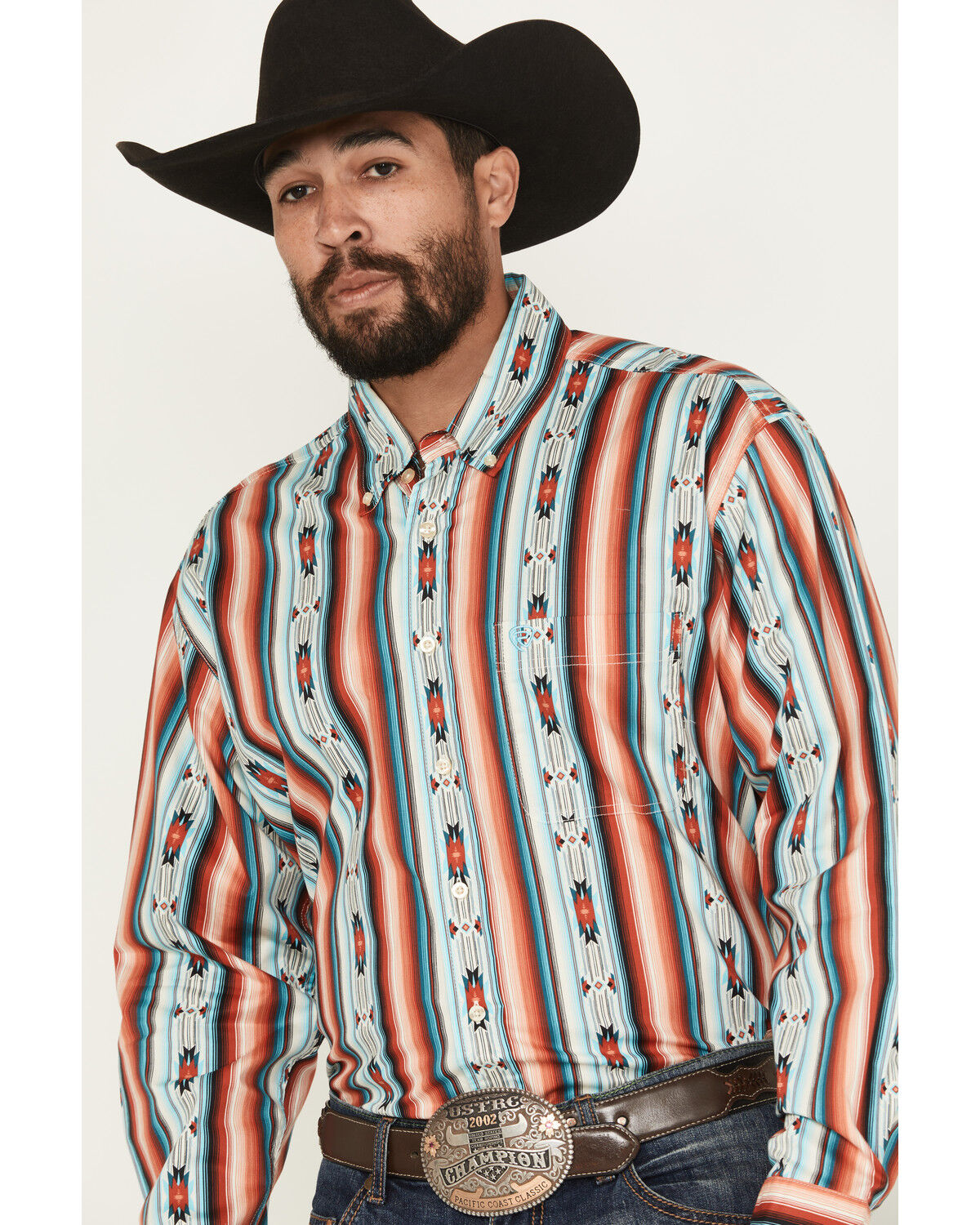 Image #2 - Rock & Roll Denim Men's Southwestern Serape Striped Long Sleeve Button-Down Stretch Western Shirt, Red, hi-res