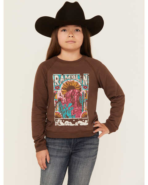 Image #1 - Rock & Roll Denim Girls' Ramblin Desert Graphic Long Sleeve Pullover , Brown, hi-res