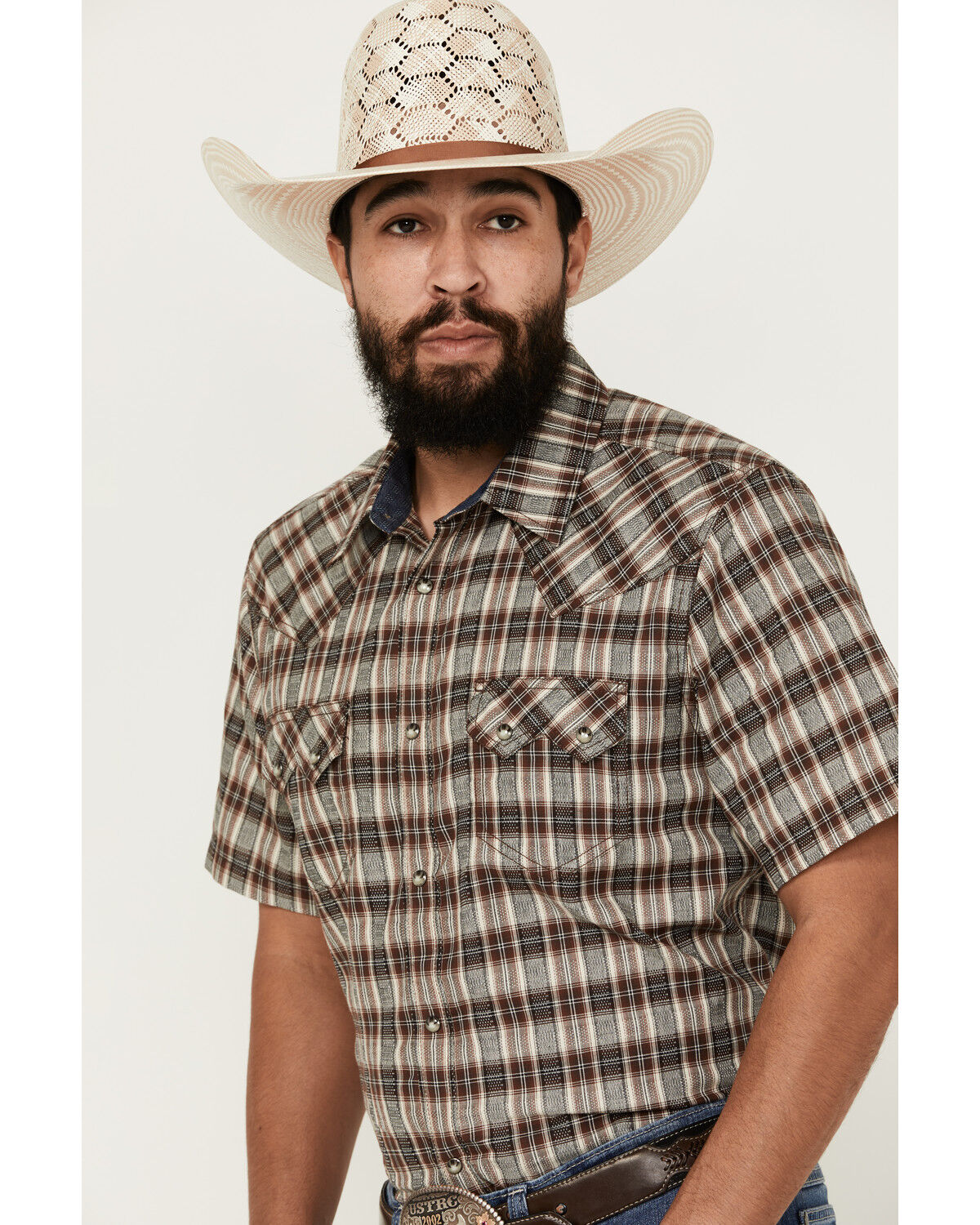 Image #2 - Cody James Men's Grit Plaid Print Short Sleeve Snap Western Shirt - Big, Brown, hi-res