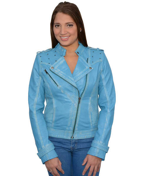 Image #1 - Milwaukee Leather Women's Studded Sheepskin Asymmetrical Moto Jacket, Aqua, hi-res